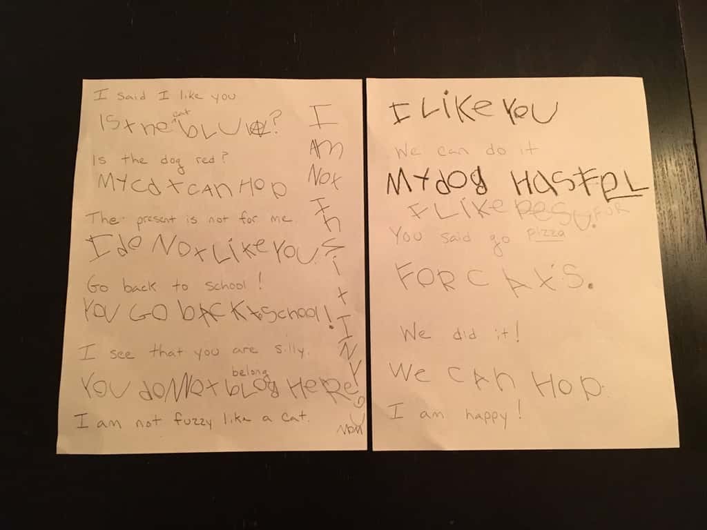 Two months ago, she could not read or write much. Now she’s writing sentences with star words, and trying to figure out how to read and spell words phonetically. Kindergarten learning is pretty awesome!