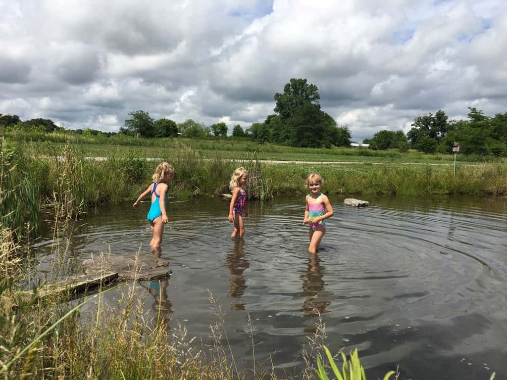 The girls swam in water other than a swimming pool for the first time today at Stella and Ruby’s house, and they loved it! Gwen was unsure of the muddy bottom, but she did finally jump in with everyone else. Josie freaked out when the dogs or goats got too close, but didn’t blink an eye at swimming with frogs and turtles. Abby is part farm girl. She loved everything!