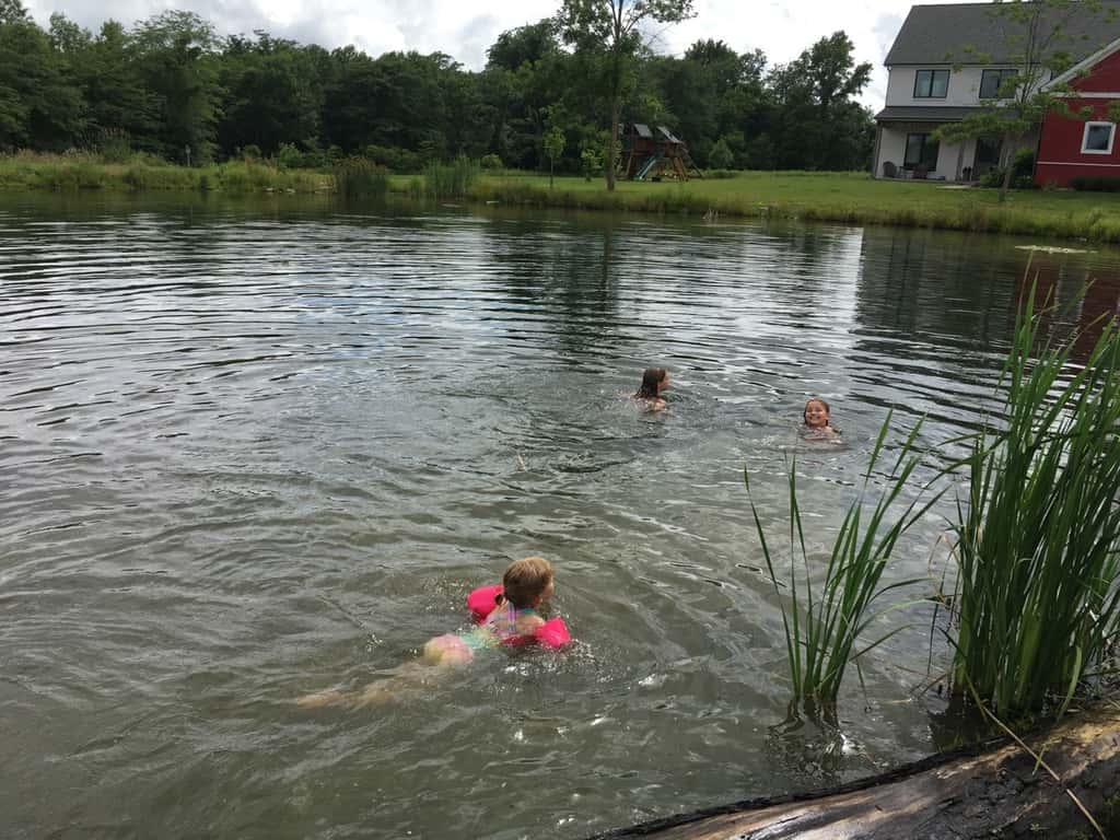 The girls swam in water other than a swimming pool for the first time today at Stella and Ruby’s house, and they loved it! Gwen was unsure of the muddy bottom, but she did finally jump in with everyone else. Josie freaked out when the dogs or goats got too close, but didn’t blink an eye at swimming with frogs and turtles. Abby is part farm girl. She loved everything!