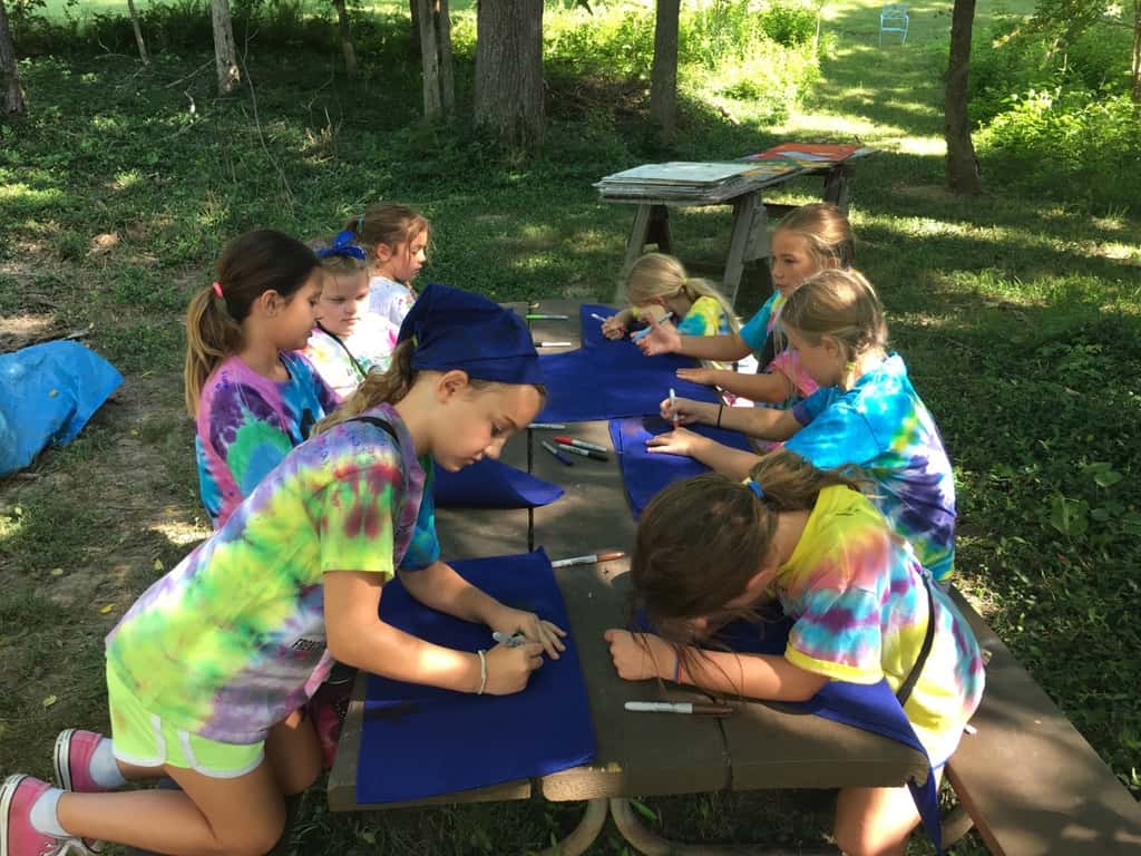We had another good day at Girl Scout camp! In addition to hiking and creeking, the girls showed off their storytelling and drawing skills for our all-camp comic, added to their nature notebooks, learned fun Girl Scout games from the Red Unit, tie-dyed t-shirts, played drip drip drench, sang songs to the Pixies, and more!